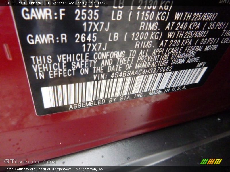 Venetian Red Pearl / Slate Black 2017 Subaru Outback 2.5i
