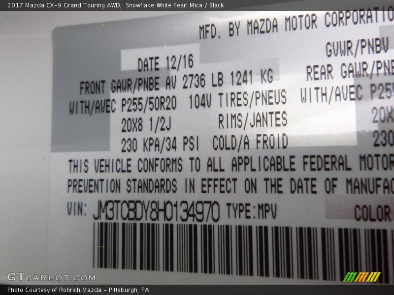 Snowflake White Pearl Mica / Black 2017 Mazda CX-9 Grand Touring AWD