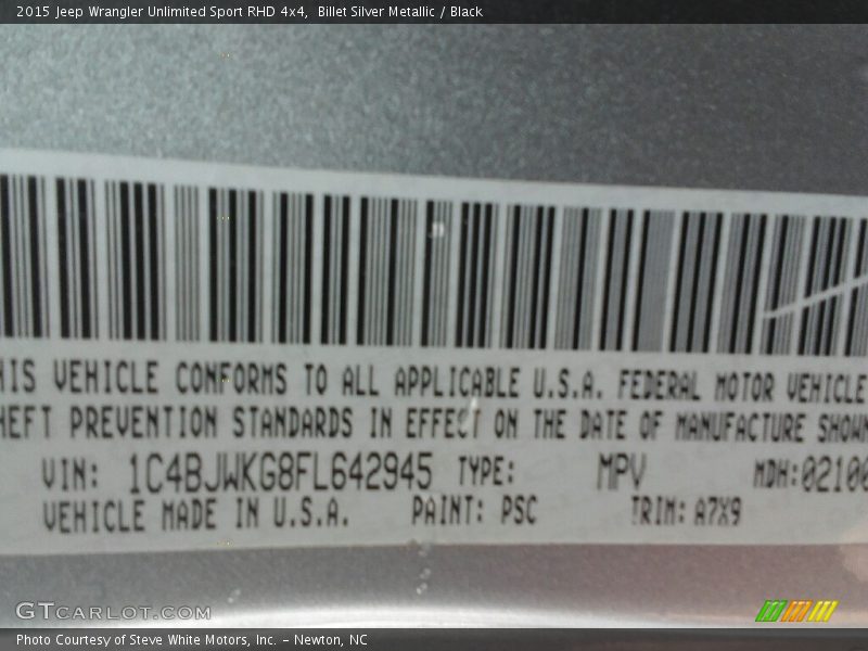 2015 Wrangler Unlimited Sport RHD 4x4 Billet Silver Metallic Color Code PSC