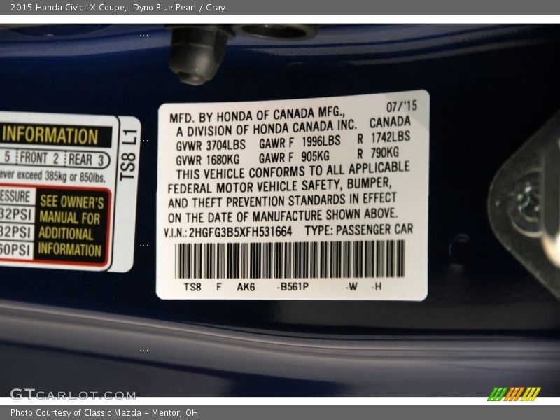 Dyno Blue Pearl / Gray 2015 Honda Civic LX Coupe