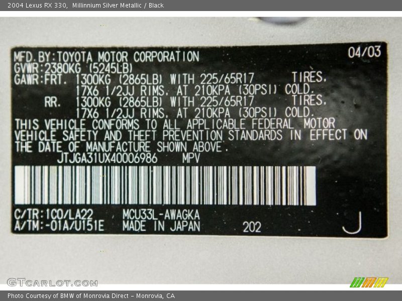 Millinnium Silver Metallic / Black 2004 Lexus RX 330