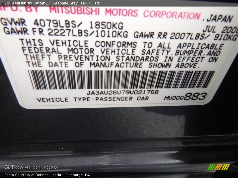 Graphite Gray Pearl / Black 2009 Mitsubishi Lancer ES