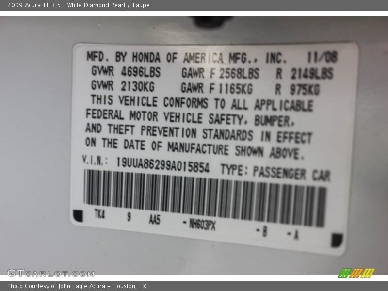 White Diamond Pearl / Taupe 2009 Acura TL 3.5