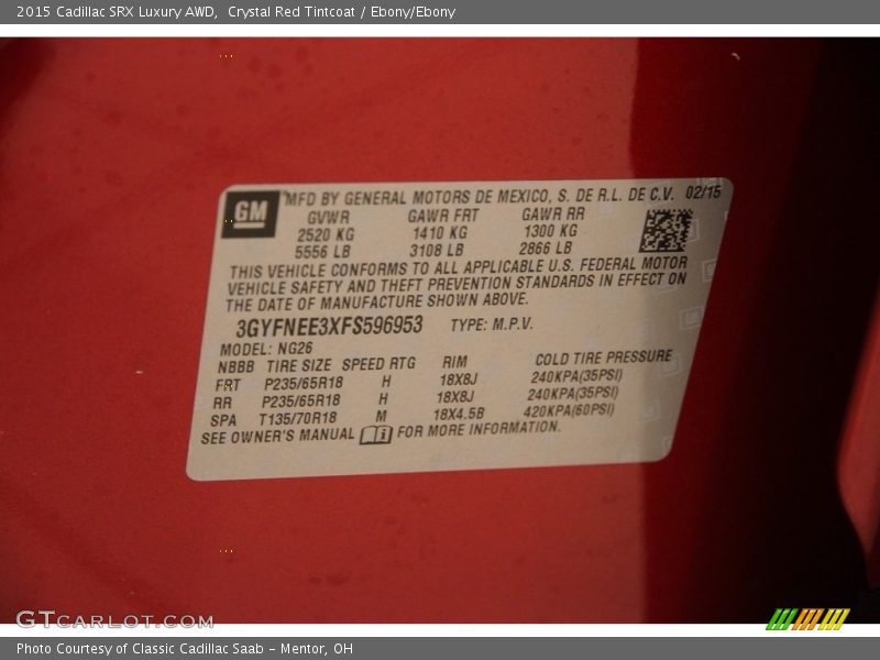 Crystal Red Tintcoat / Ebony/Ebony 2015 Cadillac SRX Luxury AWD
