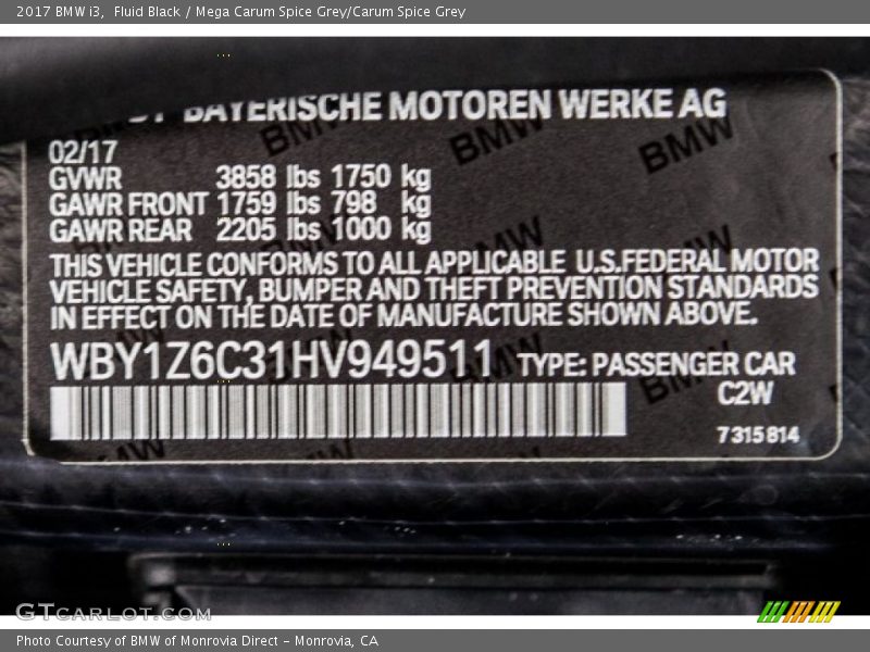 Fluid Black / Mega Carum Spice Grey/Carum Spice Grey 2017 BMW i3