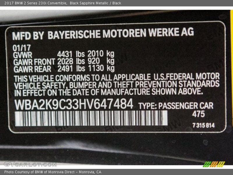 Black Sapphire Metallic / Black 2017 BMW 2 Series 230i Convertible