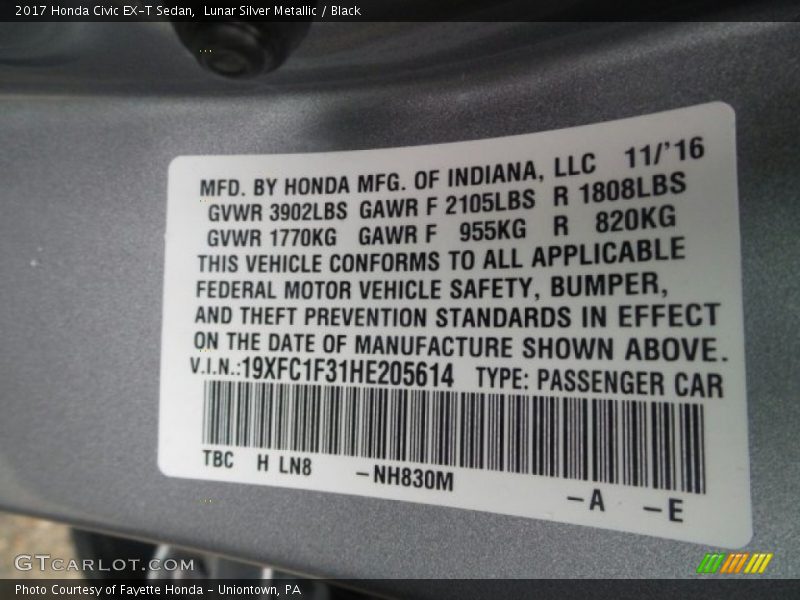 Lunar Silver Metallic / Black 2017 Honda Civic EX-T Sedan