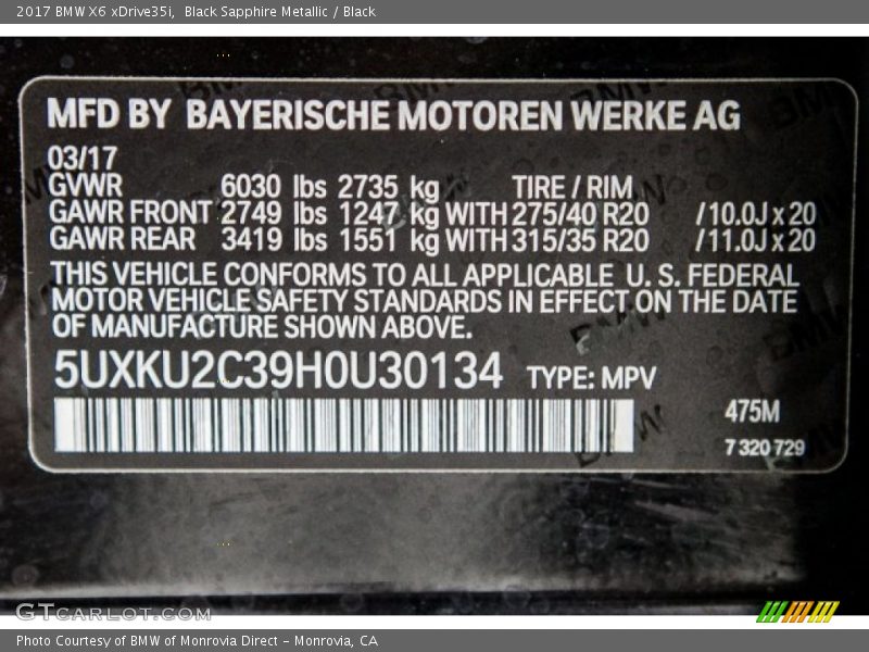 Black Sapphire Metallic / Black 2017 BMW X6 xDrive35i