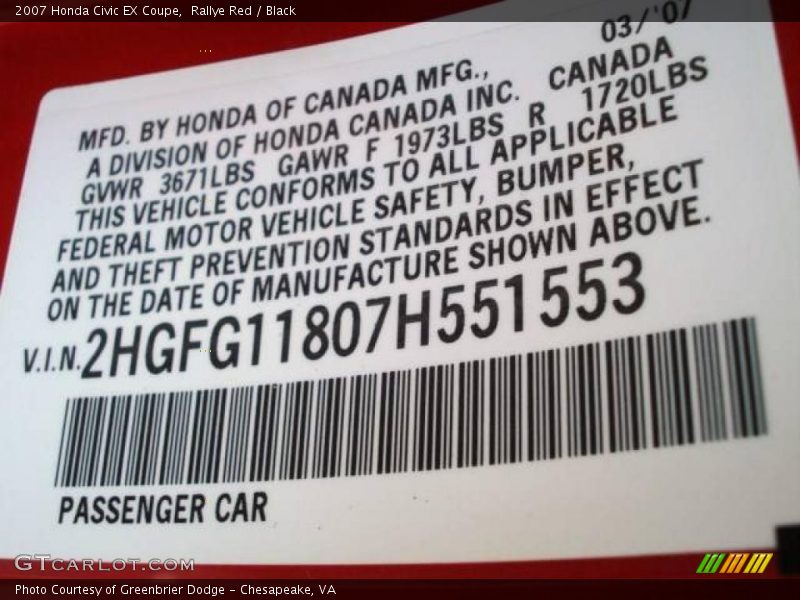 Rallye Red / Black 2007 Honda Civic EX Coupe