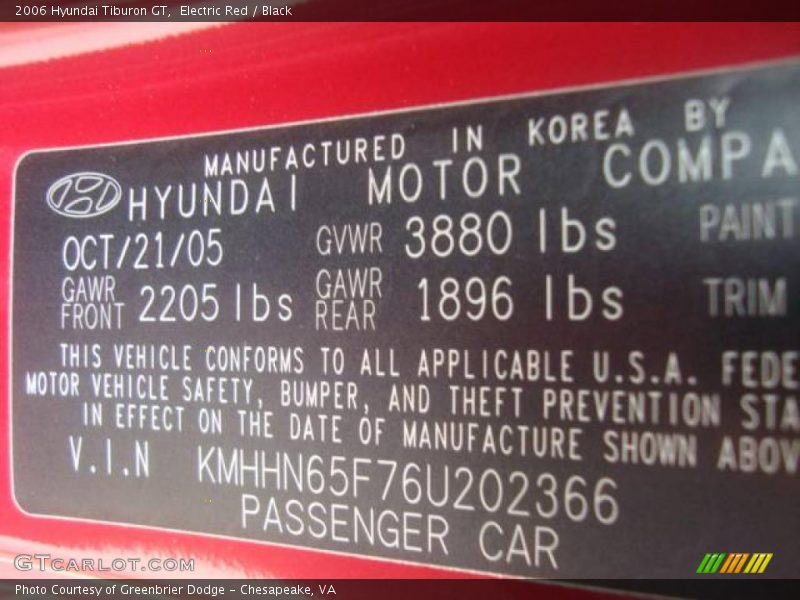 Electric Red / Black 2006 Hyundai Tiburon GT