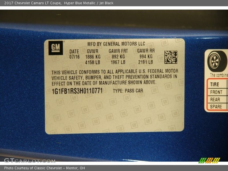Hyper Blue Metallic / Jet Black 2017 Chevrolet Camaro LT Coupe