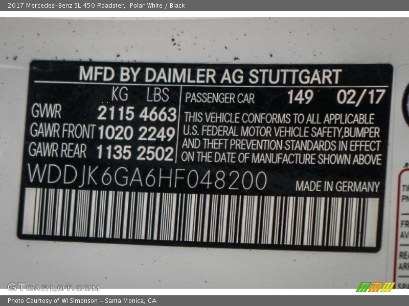 Polar White / Black 2017 Mercedes-Benz SL 450 Roadster