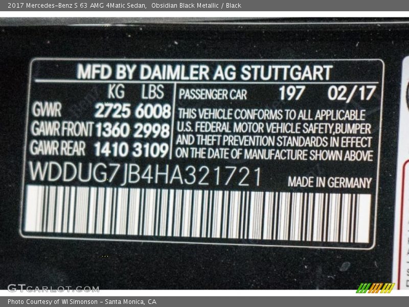 2017 S 63 AMG 4Matic Sedan Obsidian Black Metallic Color Code 197