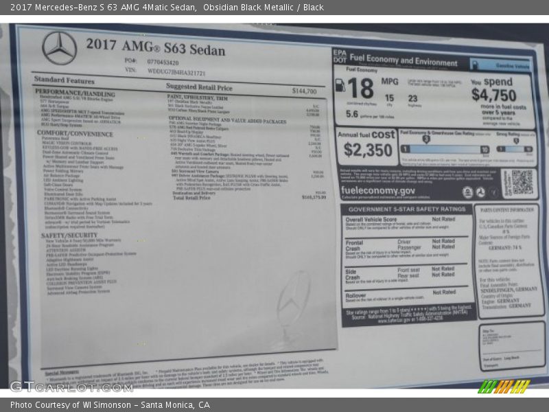  2017 S 63 AMG 4Matic Sedan Window Sticker
