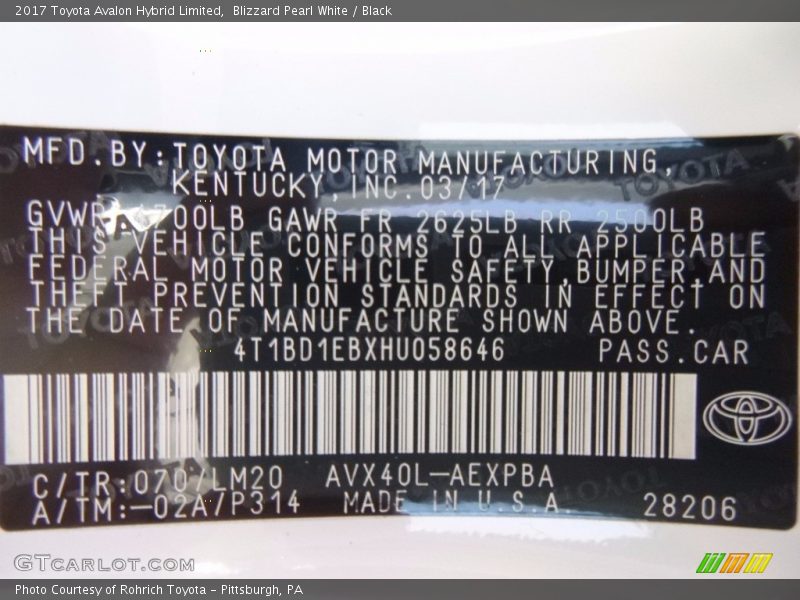 Blizzard Pearl White / Black 2017 Toyota Avalon Hybrid Limited