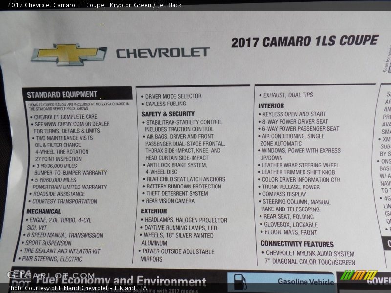 Krypton Green / Jet Black 2017 Chevrolet Camaro LT Coupe