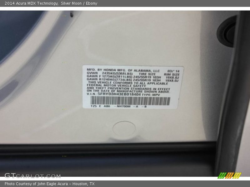 Silver Moon / Ebony 2014 Acura MDX Technology