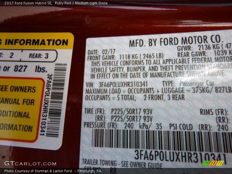 2017 Fusion Hybrid SE Ruby Red Color Code RR