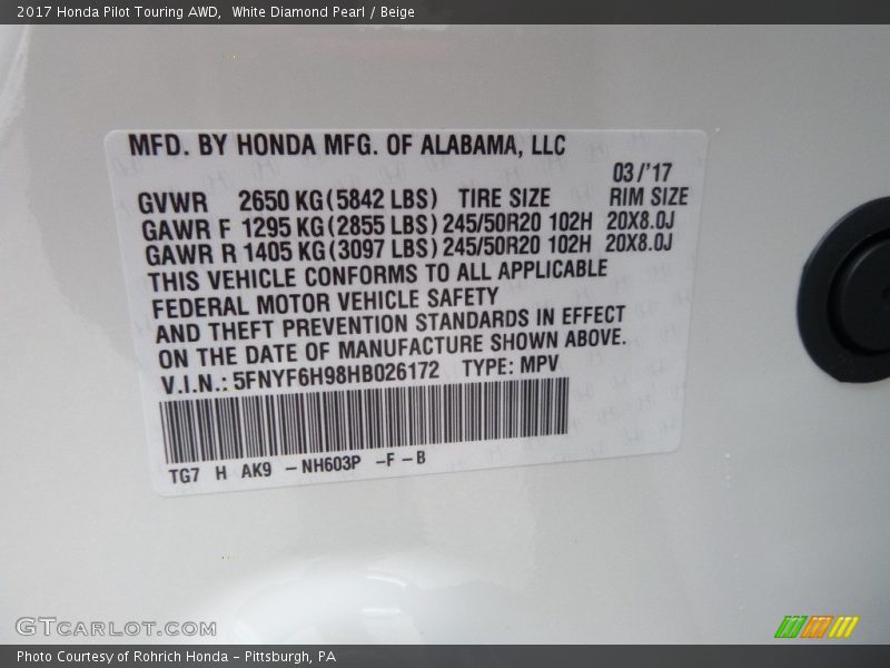White Diamond Pearl / Beige 2017 Honda Pilot Touring AWD