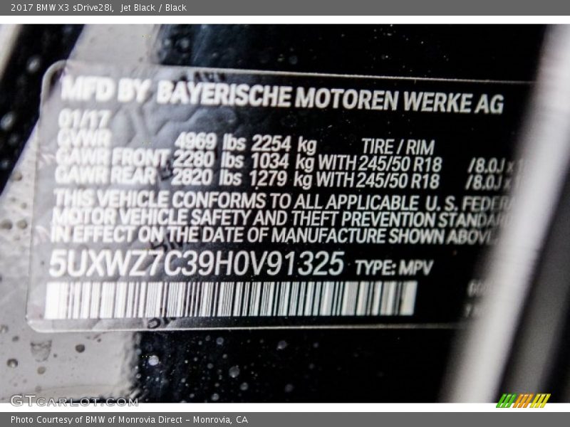 Jet Black / Black 2017 BMW X3 sDrive28i