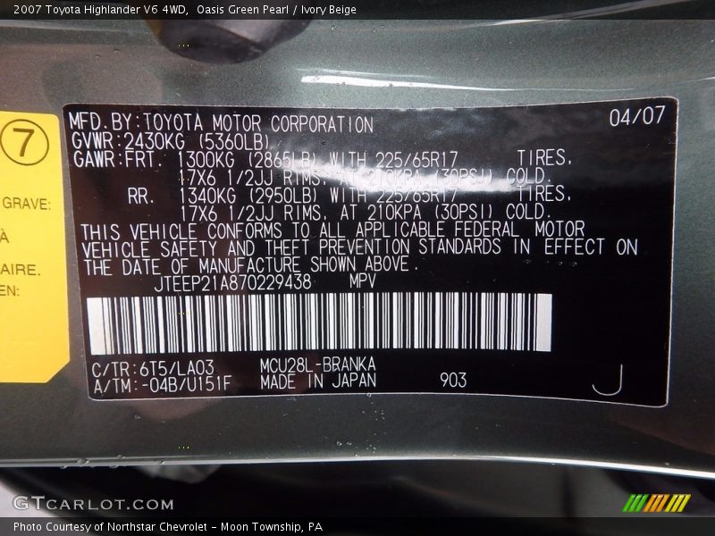 Oasis Green Pearl / Ivory Beige 2007 Toyota Highlander V6 4WD