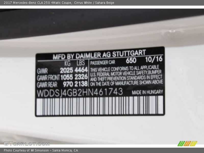 2017 CLA 250 4Matic Coupe Cirrus White Color Code 650