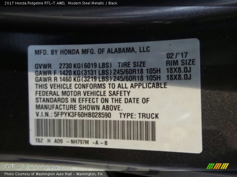Modern Steel Metallic / Black 2017 Honda Ridgeline RTL-T AWD