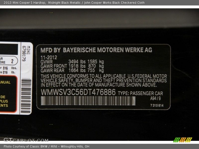 Midnight Black Metallic / John Cooper Works Black Checkered Cloth 2013 Mini Cooper S Hardtop