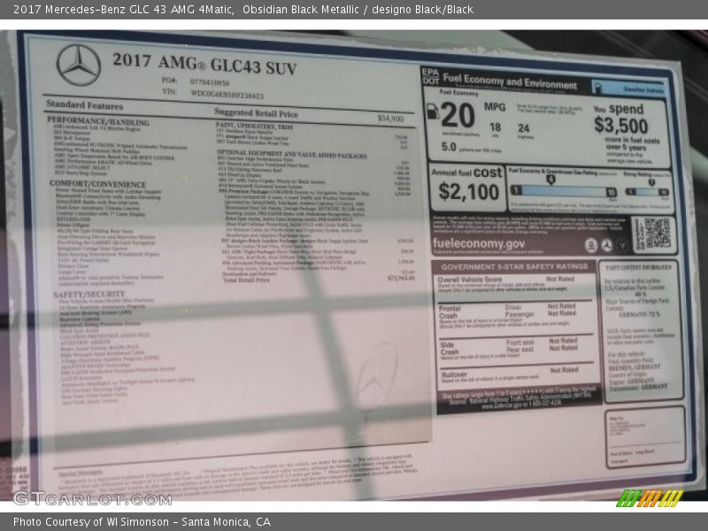  2017 GLC 43 AMG 4Matic Window Sticker