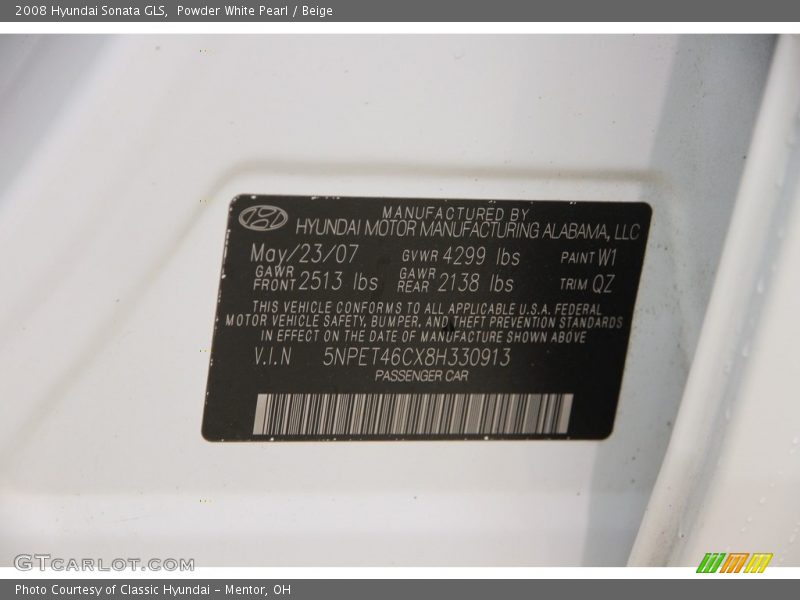 Powder White Pearl / Beige 2008 Hyundai Sonata GLS