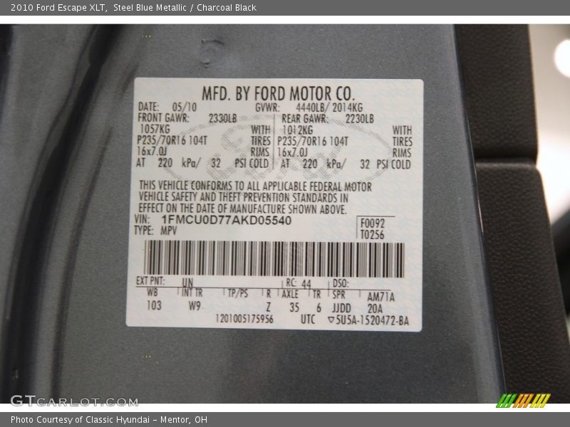 Steel Blue Metallic / Charcoal Black 2010 Ford Escape XLT