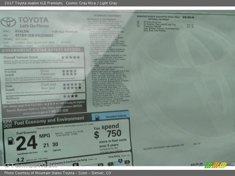 Cosmic Gray Mica / Light Gray 2017 Toyota Avalon XLE Premium