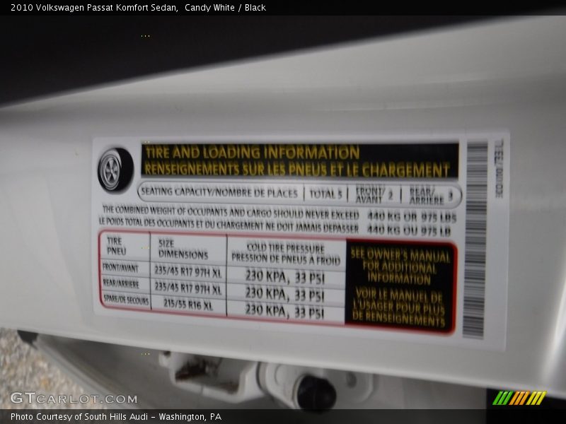 Candy White / Black 2010 Volkswagen Passat Komfort Sedan