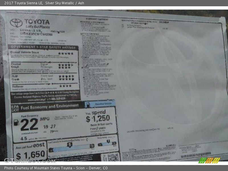 Silver Sky Metallic / Ash 2017 Toyota Sienna LE