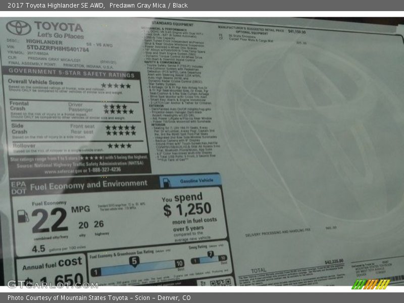 Predawn Gray Mica / Black 2017 Toyota Highlander SE AWD