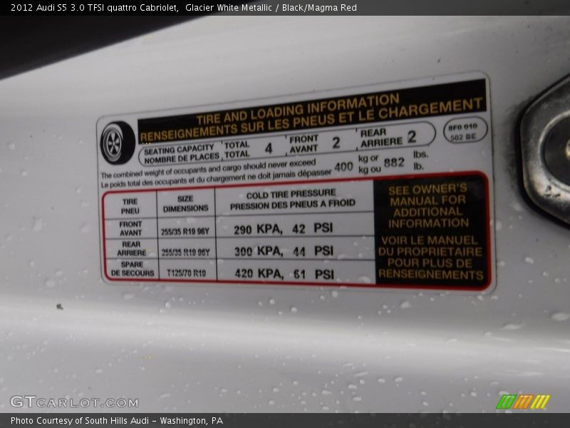 Glacier White Metallic / Black/Magma Red 2012 Audi S5 3.0 TFSI quattro Cabriolet