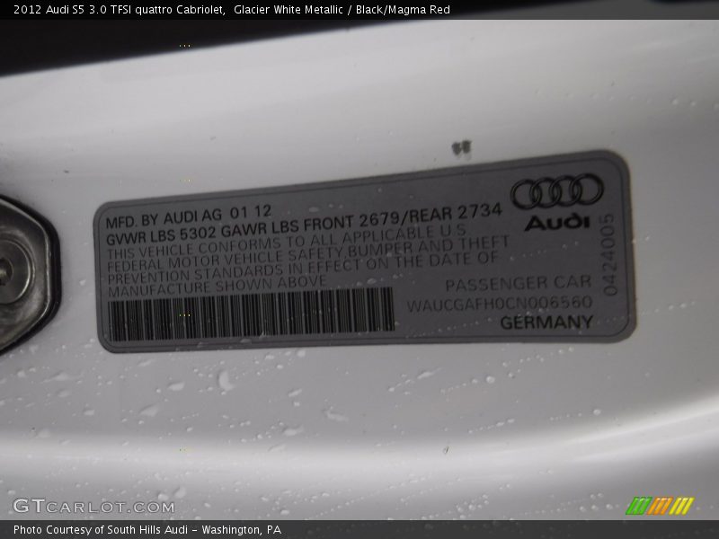 Glacier White Metallic / Black/Magma Red 2012 Audi S5 3.0 TFSI quattro Cabriolet