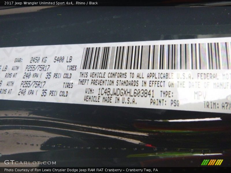 Rhino / Black 2017 Jeep Wrangler Unlimited Sport 4x4