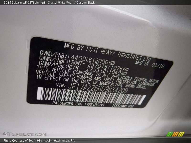 Crystal White Pearl / Carbon Black 2016 Subaru WRX STI Limited