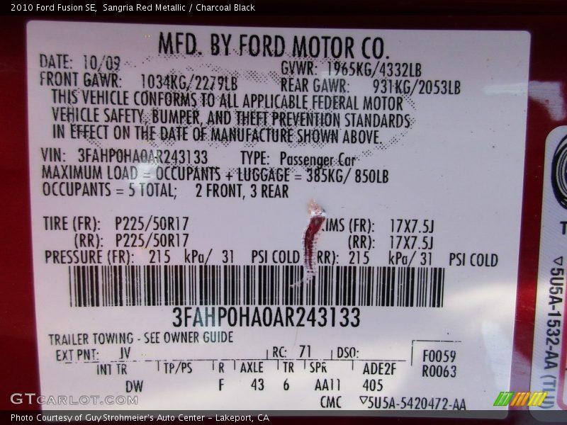 Sangria Red Metallic / Charcoal Black 2010 Ford Fusion SE