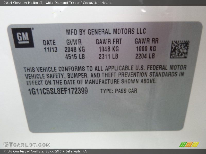 White Diamond Tricoat / Cocoa/Light Neutral 2014 Chevrolet Malibu LT