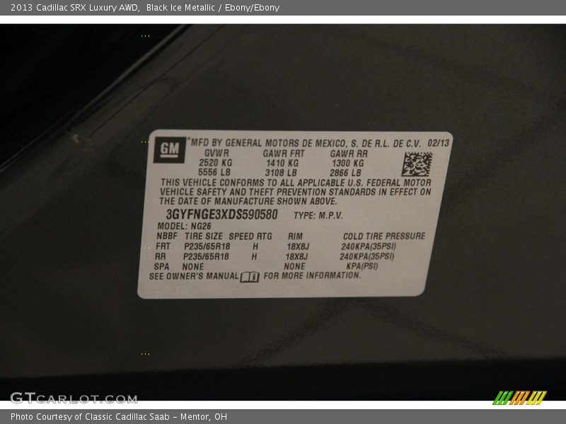 Black Ice Metallic / Ebony/Ebony 2013 Cadillac SRX Luxury AWD