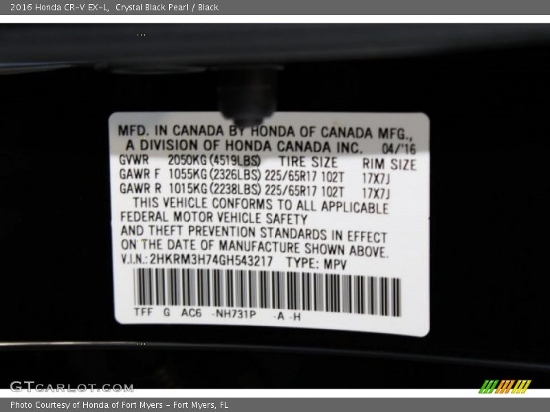 Crystal Black Pearl / Black 2016 Honda CR-V EX-L
