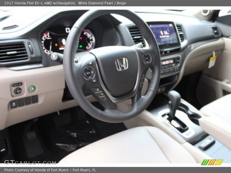 White Diamond Pearl / Beige 2017 Honda Pilot EX-L AWD w/Navigation