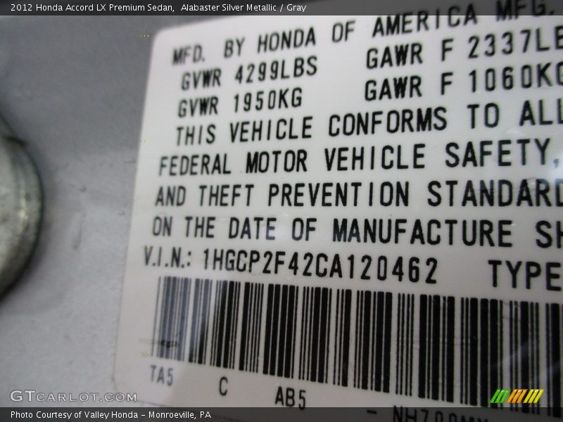 Alabaster Silver Metallic / Gray 2012 Honda Accord LX Premium Sedan