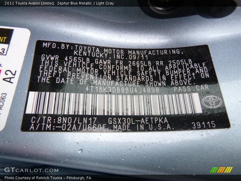 Zephyr Blue Metallic / Light Gray 2011 Toyota Avalon Limited