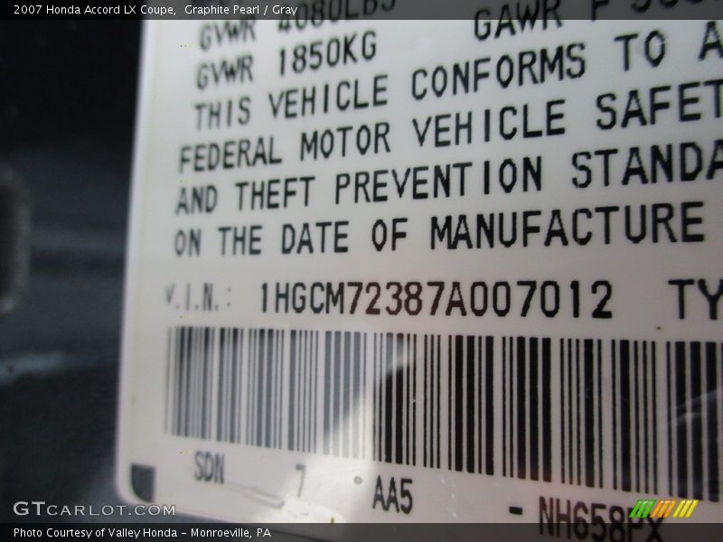 Graphite Pearl / Gray 2007 Honda Accord LX Coupe