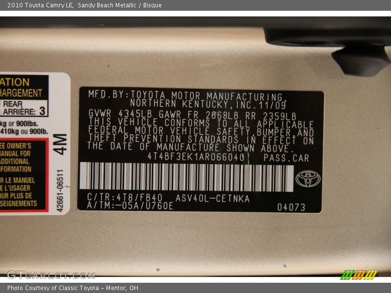 Sandy Beach Metallic / Bisque 2010 Toyota Camry LE