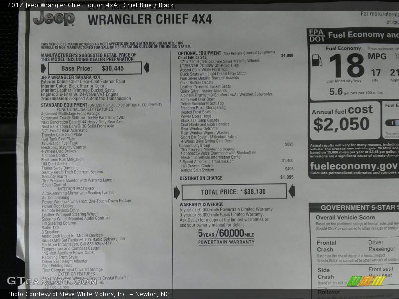  2017 Wrangler Chief Edition 4x4 Window Sticker