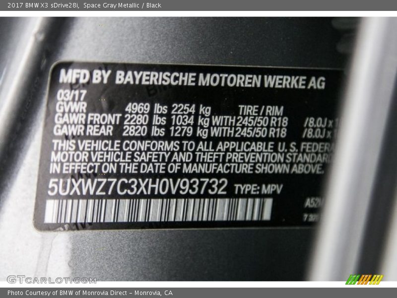 Space Gray Metallic / Black 2017 BMW X3 sDrive28i